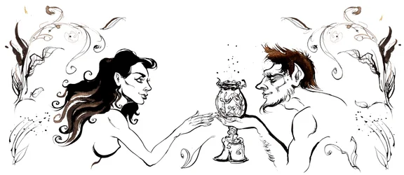 Margarita encontrándose con el hombre de patas de cabra, de El maestro y Margarita de Mijaíl Bulgákov (dramaturgo y autor ruso, 1891-1940); dibujo a tinta, 2015